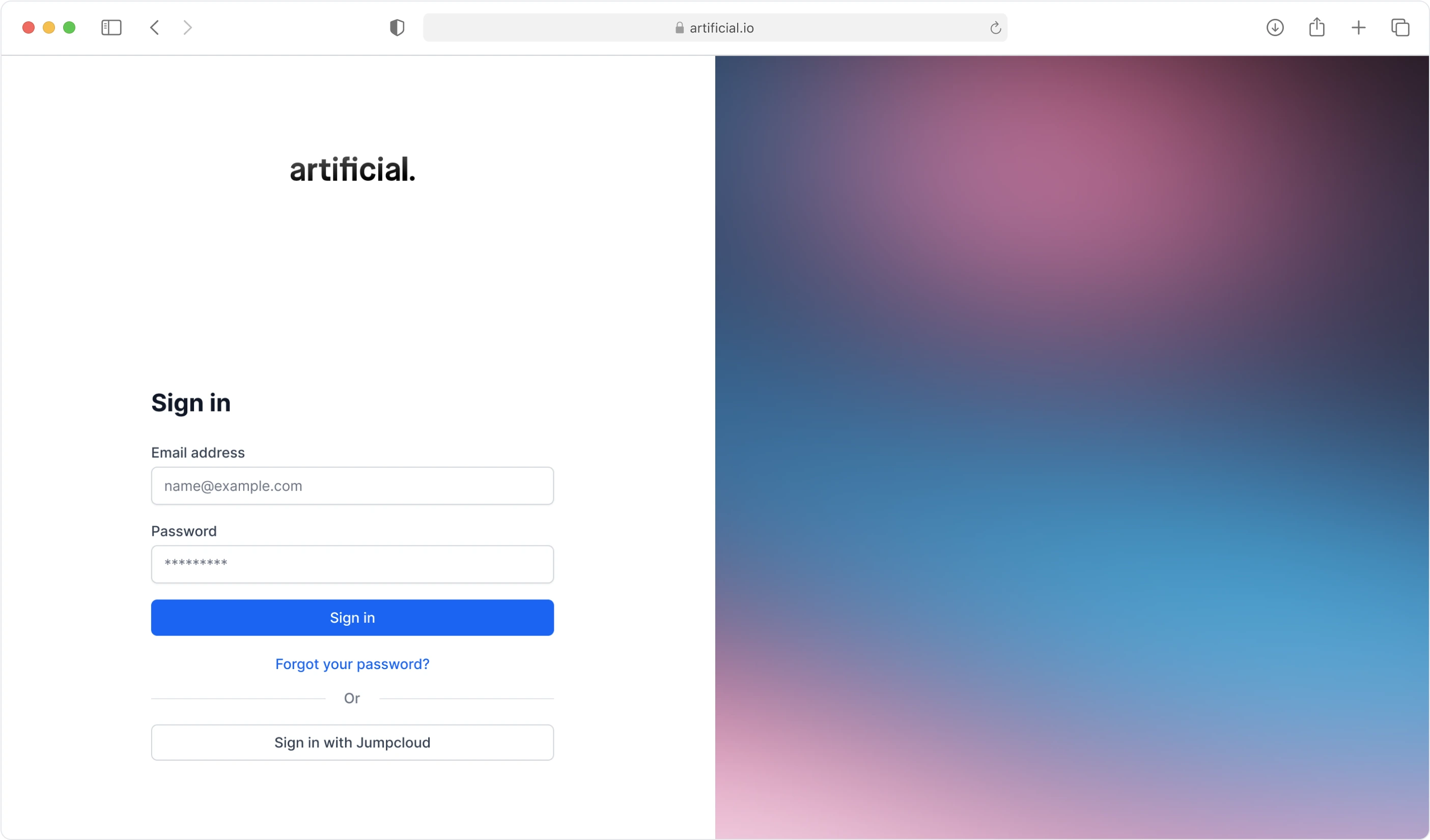 Login page, artificial